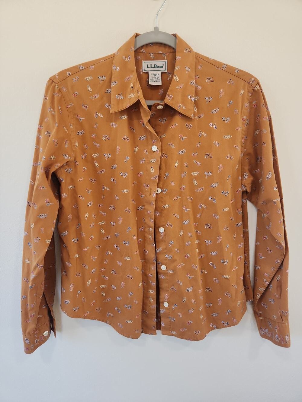 LL Bean Shirt Womens Small Irange Fall Floral Button Up Long Sleeve Casual Top